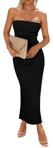 PRETTYGARDEN Women's Summer Bodycon Maxi Tube Dress Ribbed Strapless Side Slit Long Going Out Casual Elegant Party Dresses (Black,X-Small)
