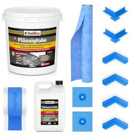 Isolbau Dicht-Set - Inkl. 1x Flüssigfolie (20 kg), 1x Tiefengrund PRO (5 L), 1x Dichtband (20 m), 1x Dichtbahn (3 m), 4x Innenecken, 2x Außenecken & 2x Manschetten