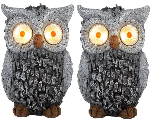 Solar Eule Gartenskulptur für Außen Gartendeko Figur Skulptur grau Akku, Kunststoff, 2x LED 3000K, LxBxH 13,5x11,5x19,5 cm, 2er Set