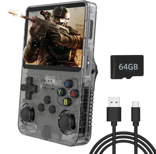 R36S Handheld-Spielekonsole, mit Open-Source-Linux-System, 64GB TF-Karte 15000 Retro-Spiele, 3,5-Zoll-IPS-Bildschirm, Retro-Spielekonsole, Handheld-Emulator-Konsole, 3000-mAh-Akku (Schwarz, 64GB)