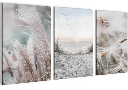 Novart Bilder Set Strand Meer Boho - Kein Extra Rahmen benötigt - Wandbilder für Wohnzimmer Schlafzimmer Flur - 3 Teilig Deko Blau Beige - N033836a