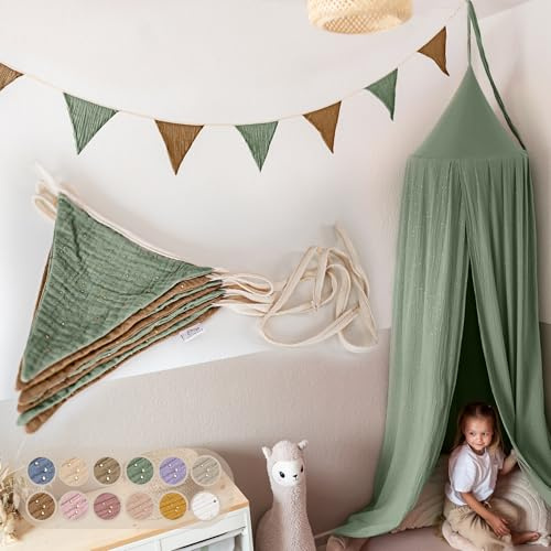 LILIMAUS Wimpelkette Stoff [mit Goldapplikation in 12 Farben] Wimpelkette Kinderzimmer - 100% Baumwolle Handmade Girlande Stoff - Wimpelkette Musselin - Hausbett Deko Mädchen & Jungen für Babyzimmer