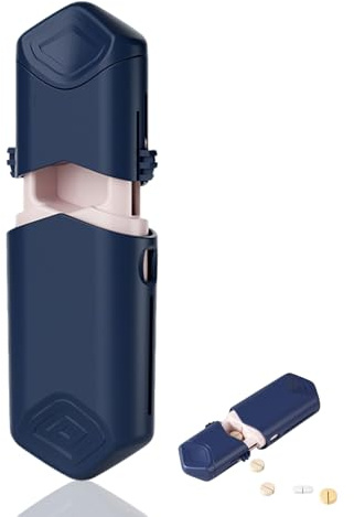 Tablettenteiler, Tablettenschneider für Kleine und Große Tabletten, Teleskopisch Pillenteiler mit Aufbewahrungsfach, Tragbarer Pillenschneider für Reise & Täglichen Gebrauch (Blau)
