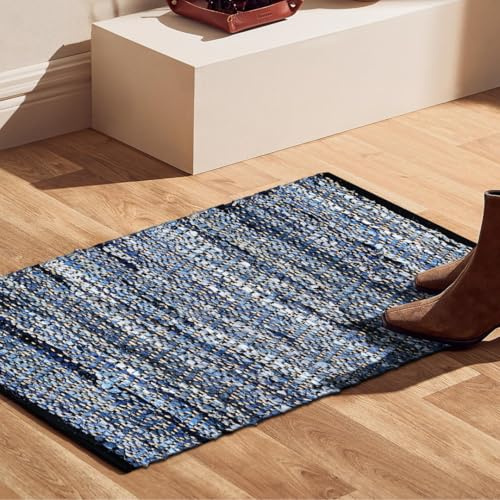 CottonCove Hand Woven Area Rug Jute Denim 2x3 Feet - Rustic Farmhouse Bohemian Accent Rug for Living Room Bedroom Kitchen Entryway Floor Mats Anti Skid - Ideal for High Traffic Areas Rag Rug