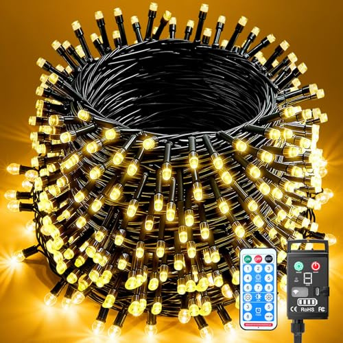 Kinamy Guirlande Lumineuse Exterieure Pile Rechargeable, 30M 300 LED Blanc Chaud Guirlande Lumineuse Sapin de Noel Étanche, 8 Modes avec Télécommande Minuterie, pour Noel Mariage Anniversaire Patio