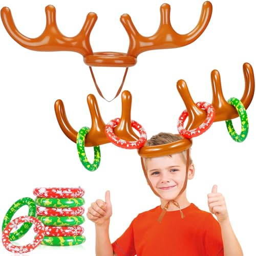 10 pcs Juego de Lanzamiento Inflable de Navidad, Juego de Lanzamiento de Cuerno de Reno Inflable, Anillos Cornamenta Inflable, para Familiares Interior y Exterior Navidad Fiesta