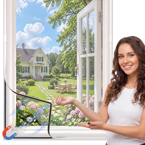 Qmioti Mosquitera Ventana Magnética, 100x150cm Ajustable Mosquitera DIY, Malla de Fibra de Vidrio Premium, Protección contra Mosquitos, Marco Blanco con Malla Blanca