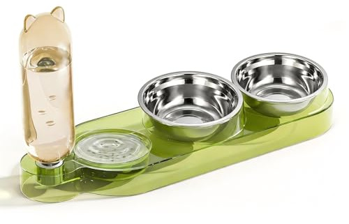 Marchul 3-i-1 kattskål, kattmat och vattenskål set med 2 förhöjda kattskålar i rostfritt stål och vattendispenser, lutade upphöjda 3 husdjursskålar för inomhuskatter, små eller medelstora hundar, grön