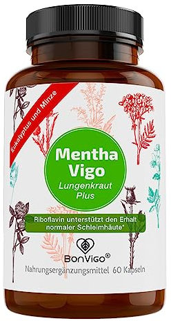 BonVigo® MenthaVigo Lungenkraut & Eukalyptus 60 Kapseln - 11 Pflanzen-Extrakte - Riboflavin zum Erhalt normaler Schleimhaut*, z.B. Hals, Nase Bronchien, Selen für normale Funktion Immunsystem (1)