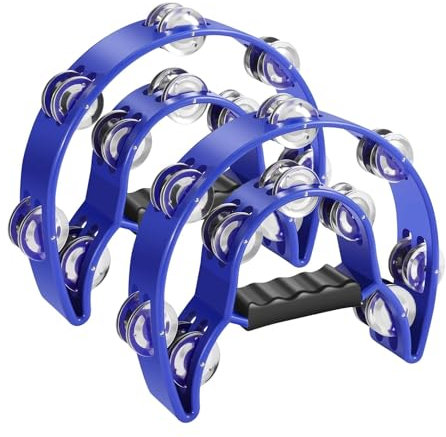 Flexzion Tamburin, Handtrommel - 2er-Pack, 25cm Schellenkranz mit Handgriff, Musik Schlaginstrument, zweireihig Schellenring in Halbmond-Form Rahmen, mit 20 Paar Metall Schellen, Blau