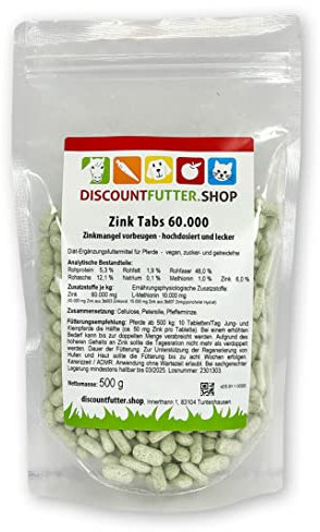 discountfutter.shop - Zink Tabs 60.000 | hoch dosiert Pferde | 600 Stück I mit organischem Zink | frei von Getreide und Zuckerzusatz | 1 Tab = 50 mg Zink
