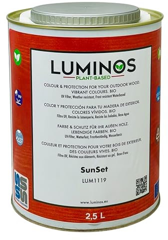 Luminos LUM1119 - SUNSET - Holzlasur Außen - Biopolymer-Wasserbasis Lasur für Holz, UV-Schutz und Wetterfest - Orange 2.5L