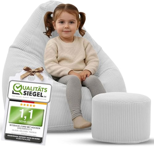 DreamRoots Sitzsack Kinder Cord 70x70x105 mit Hocker, Storm Gray | Bean Bag Chair mit Hocker, Lehne & Bezug, mit Füllung, Sitzkissen Boden, Kindersitzsack Kinderzimmer