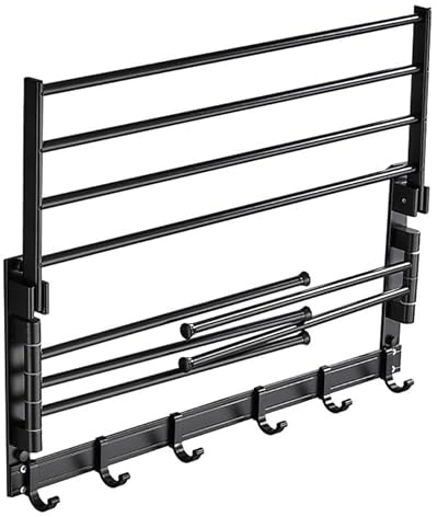 Tendedero para Ropa, Toallero de Pared de Aluminio con Ganchos y Brazo Giratorio con Ganchos y Brazos Oscilantes para Cocina Piscina Interior Exterior Baño (Negro)