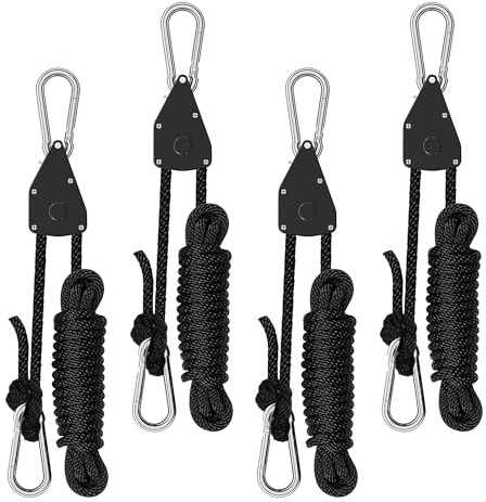 Spider Farmer 4 Stück Seilratsche mit Haken 68 KG Einstellbare Ratchet Hanger für Pflanzenlampe Rope Ratchet Grow Lampe Abspannseile mit Seilspanner | Abspannseile mit Seilspanner für Grow Lampe Ventilatoren Sonnensegel,Robust und langlebig,Vielseitig einsetzbar