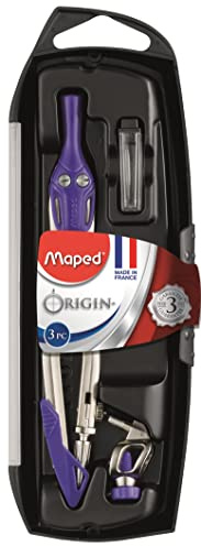 Maped Coffret Compas Origin 3 Pièces - Fabrication Française Compas Scolaire Mine + Bague Universelle + Étui-Mines - Avec Sécurité Protège Pointe et Mine + Branches en Acier - Bleu