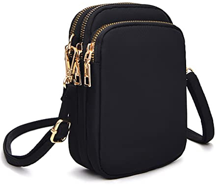 Ecohaso Women Cross Body Phone Bag, Ladies Shoulder Bags Wallet Wristlet Handbags Waterproof Nylon Mini 3 Layers Zipper Multifunctional Pouch Bag with Adjustable Strap (Black)