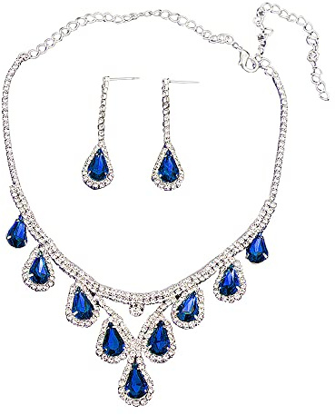 QKEPCY Wedding Bridal Jewellery Set for Women Crystal Teardrop Statement Necklace and Dangle Earrings Set Silver Rhinestone Jewellery Gifts for Wedding Engagement Bridesmaid Party Dress Prom (Blue)