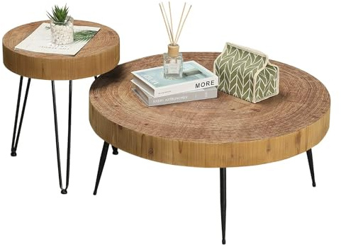 RUSTOWN Farmhouse Runder Couchtisch 2er Set, Cocktailtisch Set, Moderner Kreis Naturholz Finsh Beistelltisch Sets für Wohnzimmer (Planar Natur)