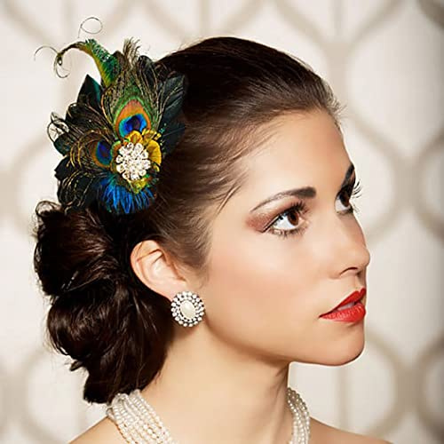 IYOU Pinzas para el pelo Plumas Pavo Real Tocado Flapper Verde Festival Vintage Prom Gatsby Accesorios para el cabello para Mujeres
