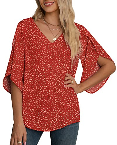Yommay Chiffongblus för kvinnor damtoppar elegant ledig lös 3/4 veckad delad ärm V-hals sommarblus t-shirts, Blomma vinröd, M