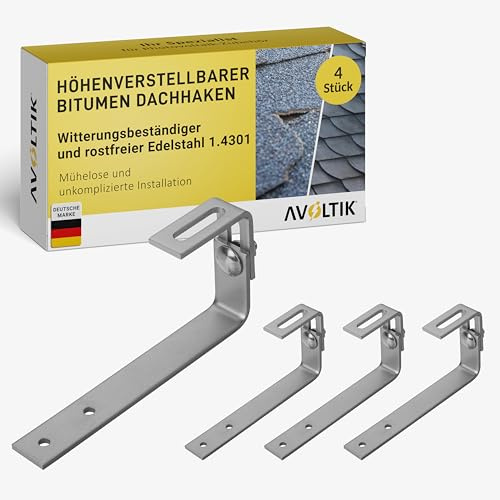 Avoltik Dachhaken Photovoltaik Befestigung auf Bitumen Schiefer und Schindel, 20cm verstellbar 4 Stück I Dachhaken aus Edelstahl rostfrei und robust I solar Dachhaken für PV Anlage Dachziegel