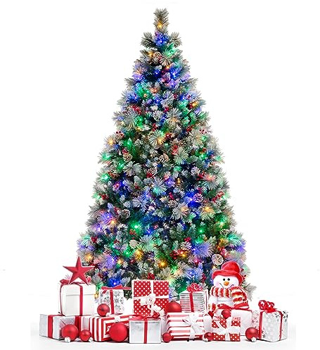 COSTWAY Arbol de Navidad con Luces Incorporadas 215cm, Agujas de Pino, 70 Conos de Piña y 70 Bayas Rojas, 400 Luces LED, 11Modos, 1116 Puntas de PVC, Arvore de Natal w/Light