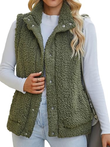 Maeau - Gilet Womens Fleece Body Warmer Plush Gilet Cardigan Waistcoat Gilet Soft Solid Color Sleeveless Jacket Vest Pocket Fall Winter Button Coat (S-XXL)