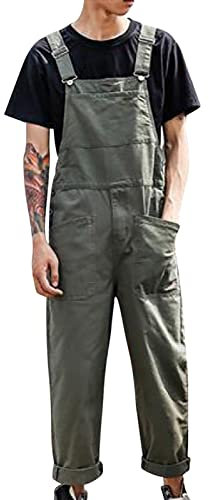 VaiKanhai Baggy Pantaloni da uomo Terme, Salopette da uomo, alla moda, vestibilità rilassata, tuta casual in cotone, salopette leggere con tasche, pantaloni funzionali, verde, L