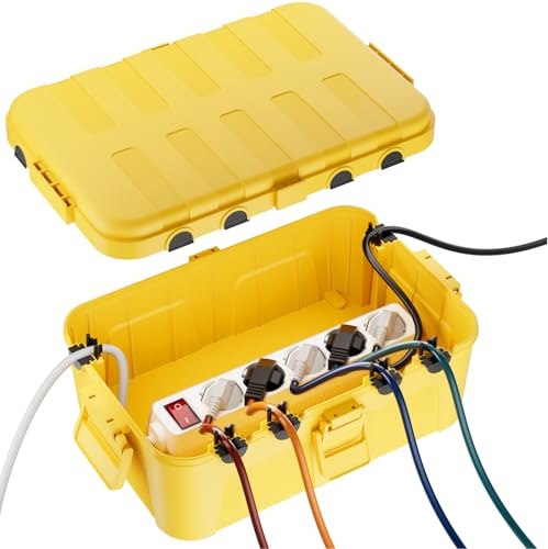 RESTMO große Kabelbox wasserdicht, Elektrokasten für Verlängerungskabel | IP54 wetterfest, 32x22x13cm, für Steckdosenleiste, Außensteckdose, Gartensteckdose, Verteilerdose & Kabel, Gelb