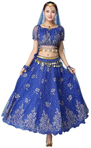 OTMYIGO Bauchtanz-Kostüm-Set für Damen, indischer Tanz, Bollywood-arabischer Tanz, Performance-Outfits Anzug,Blau,3piece Set