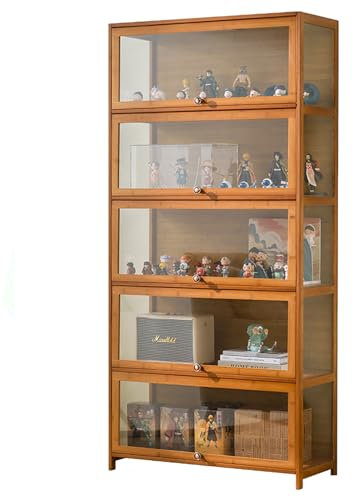 JSWHYBD Curio-vitrine Mit Acrylglastür 1-5-stufige Vitrine, Vitrine Aus Natürlichem Bambus Für Sammlerstücke Aufbewahrungsschrank Mit Hoher Kapazität Und Aufklappbarer Tür Starke Tragfähigkeit
