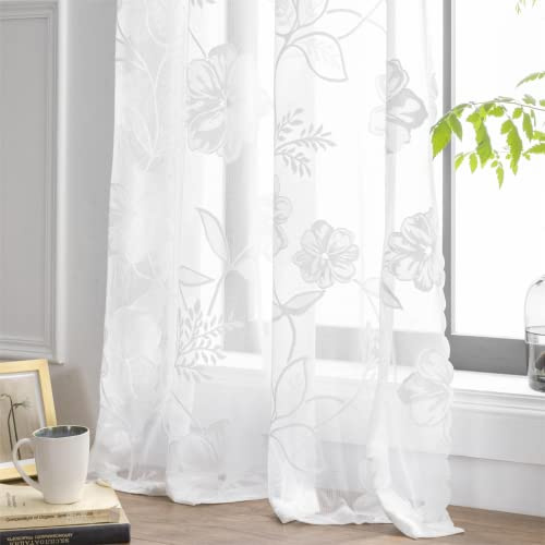 Treatmentex Spitze Vorhang Jacquard Gardinen mit Ösen Schwarze 3D Blumenmuster Halbtransparente Vorhänge Vintage Romantisch Dekoschal Ösenvorhänge für Wohnzimmer, Weiß, 2 Stücke, 140×245CM(B×H)