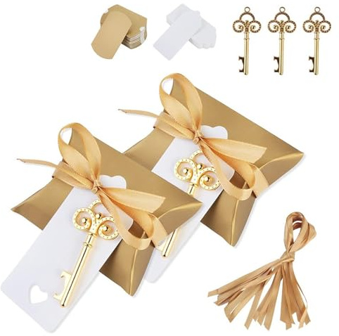 NCONCO 30 abrebotellas de llave de esqueleto vintage, regalo de recuerdo de boda con etiqueta de caja de dulces y cinta para invitados de boda, recuerdos de fiesta, decoración rústica, dorado antiguo,