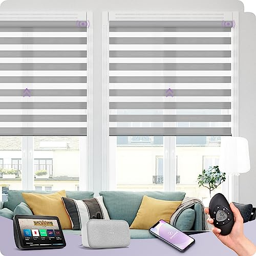 Graywind Elektrische Doppelrollo Wool-Touch, 50% Verdunkelnd Kunst Wollgewebe Duo Rollo, nach Maß Motorisierte Tag und Nacht Jalousien mit Wiederaufladbarem Motor, Alexa Google Kompatibel, Light Grey