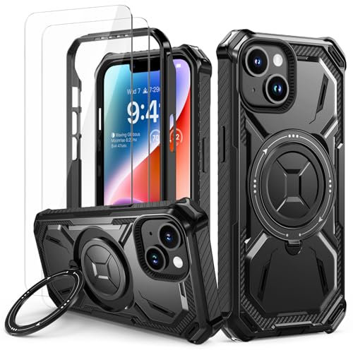 Lanhiem Designed for iPhone 13 and iPhone 14 Phone case with 2 Tempered Glass Screen Protector Heavy Duty Shockproof Phone Case - Black