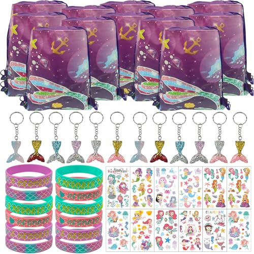 PQKL-Party Kordelzug Geschenktüten - Meerjungfrau Kindergeburtstag Party Mitgebsel Set - Silikon Armband, Schlüsselanhänger, Tattoos Aufkleber