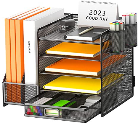 Restorgan Desk Organiser with File Holder, 5-Tier Paper Tray Organiser with Drawer and 2 Pen Holder, Mesh Desk File Storage with Magazine Organizer for Home Office Supplies (Black)