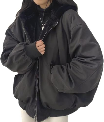 Goolecrimp Felpa con Cappuccio a Due Vie con Cerniera Gotica da Donna Y2K in Peluche con Tasche Cappotto Giacca Punk Grunge Giacca con Cappuccio Stile College Allentato Hip-Hop (Nero,M)