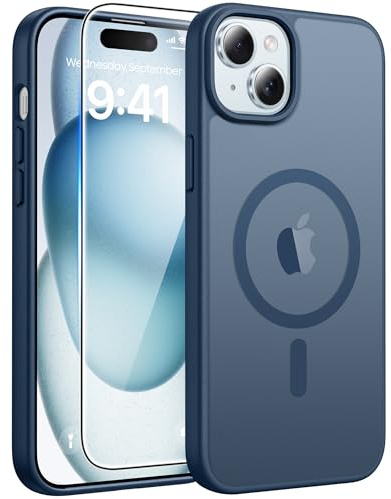 FNTCASE for iPhone 15 Phone Case: iPhone 14 Case Magnetic Translucent Matte Shockproof Slim Cell Phone Cover - Military Grade Drop Proof Hard Back Anti-Fingerprint Protective Case (6.1 inch/Blue)
