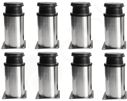 Dihl Set of 8 100mm Adjustable Furniture Legs, Round Heavy Duty Stainless Steel, Silver, Various Applications Cupboards Sofa Beds Coffee Trestle Table, 10cm x 5cm