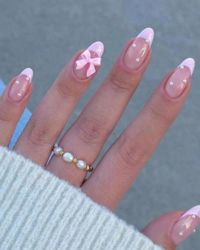 KGDUYC 24 Pcs French Tip Press on Nails- Süßes Acryl Künstliche Nägel mit 3D-Schleife Perlmutt Nude Pink Vollständige Abdeckung False für Frauen und Mädchen