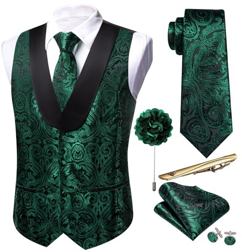 Barry.Wang Set di gilet da uomo in seta Paisley con scollo a U e scialle e cravatta, set da 6 pezzi, per smoking, abito da sposa, taglie S-3XL, Verde, L