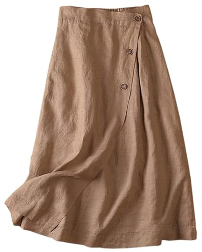 Leinen-Midirock mit Taschen, Leinen-Midiröcke für Damen, Leinenröcke für Damen, Leinenrock, khaki, M