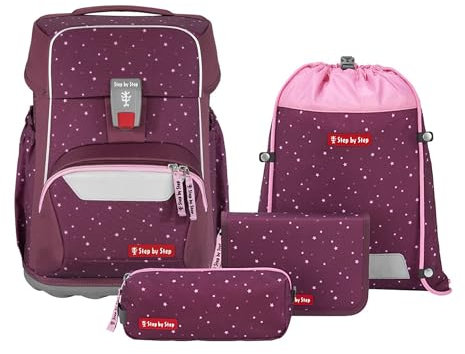 Step by Step Basis Schulranzen-Set „Berry Stars“, 4-teilig, Beere, ergonomischer Tornister mit Reflektoren, Hüft- und Brustgurt, für Kinder ab der 1. Klasse, 20 Liter