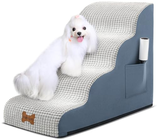 POCBLUE Dog Stairs for Small Dogs 19.7 H, 4-Step Wide Pet Step for High Bed or Couch, Curved Pet Ramps for Cats with High-Density Foam and Washable Cover, Grey