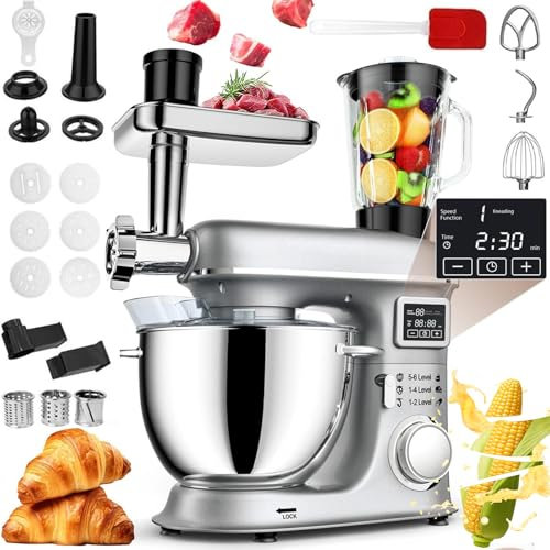 8L Stand Mixer, LED Display Kitchen Electric Mixer, Stainless Steel Bowl Mixer with 6 Speed Tilt-Head,1.5L Glass Jar,Multi-Function Meat Grinder With Dough Hook, Whisk, Beater,Blender, Splash Guard
