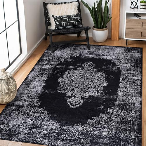 NETLINE HOME Türkischer Teppich, maschinenwaschbar, haustier- und kinderfreundlich, klassisches orientalisches Design für Wohnzimmer, Schlafzimmer, Küche, rutschfest, schwarz, 120 x 180 cm