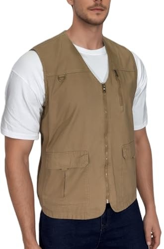 MeiLayM utomhusväst för män fiskeväst ledig andningsbar väst snabbtorkande verktygsväst flera fickor jakt väst ärmlös jacka fotografi toppar, Khaki, 4XL