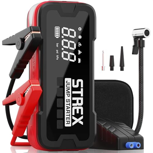 Strex 12V Starthilfe Powerbank fürs Auto mit Kompressor - 4000A / 24.000 mAh - 5-in-1 Starthilfe mit Kompressor, Powerbank, LED-Taschenlampe und SOS-Notlicht - Inkl. Hardcover